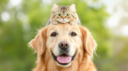Fototapeta premium Playful Cat On Happy Dog'S Head In Nature