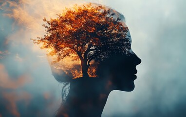 Abstract human head silhouette with tree emerging, representing personal growth, mental health care, creative idea generation, selfimprovement, and success  ar 169