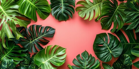Tropical leaves on a pink background with copy space, a banner for a summer vacation concept. Flat lay of green tropical leaves on a coral-colored background, a banner design. A summer season banner t