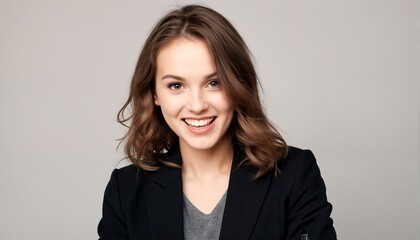 Obraz premium Portrait of young woman smiling at camera on gray background.