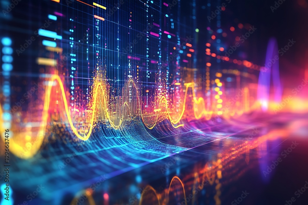 Poster abstract digital wave data visualization: vibrant neon lines and curves