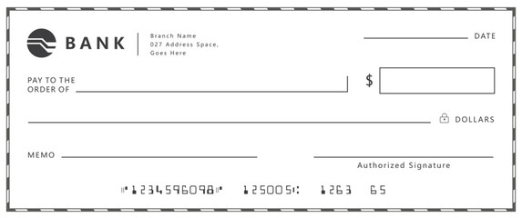 Bank check, vector blank money cheque, checkbook template with guilloche pattern and fields. Currency payment coupon, money check background