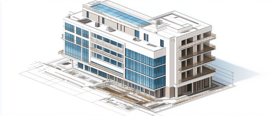 CAD-style architectural illustration of a modern hospital building under construction, with a focus on its clean white facade and blue-tinted glass panels