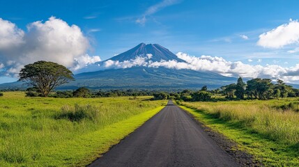 Fototapeta premium Scenic view of mount nyiragongo with lush greenery and clear blue sky