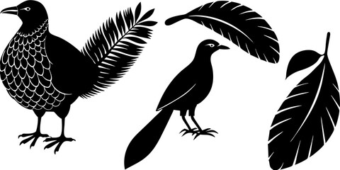 Black and white illustration, silhouettes of birds, stylized feathers, graphic design, nature motif, minimalist art, contrasting shapes, folk art inspired, woodcut style, decorative elements, simplifi