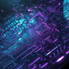 Fototapeta premium A dynamic visualization of a futuristic circuit board with vibrant colors and glowing lines creates a captivating sci-fi atmosphere. The intricate patterns suggest advanced technology