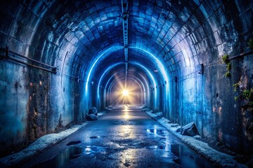 Obraz premium Mysterious Blue Tunnel with Light Beam – Urban Exploration Photography