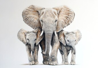 Fototapeta premium Family of Elephants with Detailed Artwork and Textures Visible