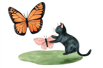 A playful black cat interacts with colorful butterflies in a whimsical, vibrant illustration, showcasing nature's beauty and curiosity.