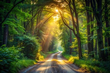 Obraz premium Mysterious Forest Path: Narrow Woodland Road Leading into Deep Woods