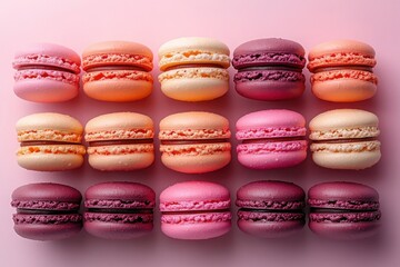 Obraz premium Colorful macarons arranged in neat rows on a pastel pink background, showcasing a variety of flavors and textures