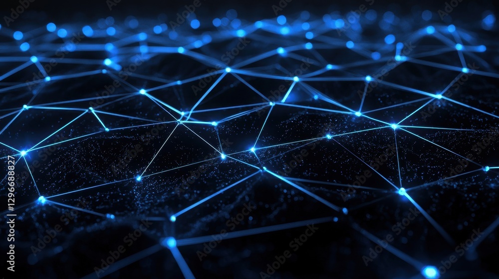 Poster abstract digital background with glowing blue network connections forming a complex web of lines and
