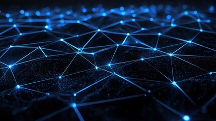 Obraz premium Abstract digital background with glowing blue network connections forming a complex web of lines and points on a dark surface illuminated by light