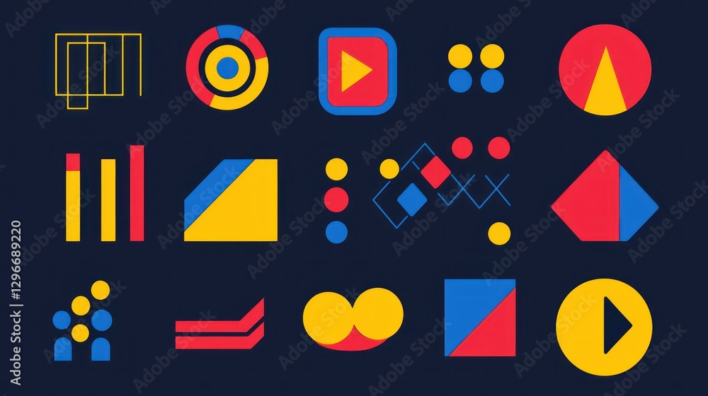 Poster A bold and dynamic icon set in primary colors, ideal for impactful visuals.