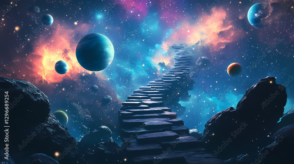 Wall mural surreal pathway to outer space with floating planets and starry sky. infinite cosmic stairway. illus