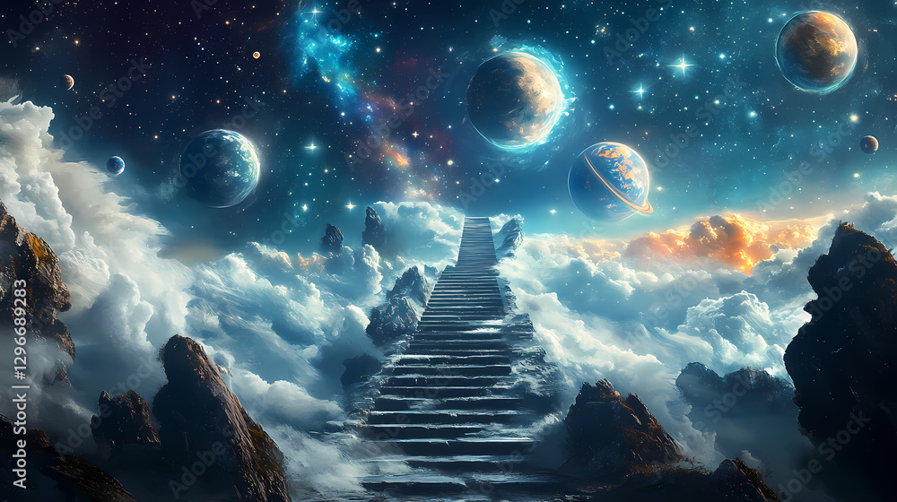 Wall mural surreal pathway to outer space with floating planets and starry sky. infinite cosmic stairway. illus