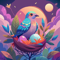 Vibrant Stylized Bird in Neon Tropical Fantasy Under Moonlit Night