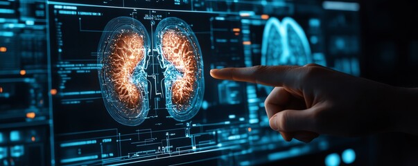 Kidney function closeup with digital HUD interface, hand pointing at screen, nephrology technology, renal research, human body analysis for medical advancement  ar 169
