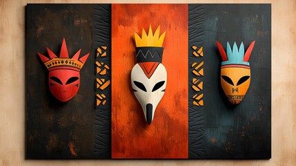 Tribal African Mask and Pattern Artwork in Deep Earthy Tones with Neutral Central Focus  Ethnic Cultural and Indigenous Inspired Digital or Graphics