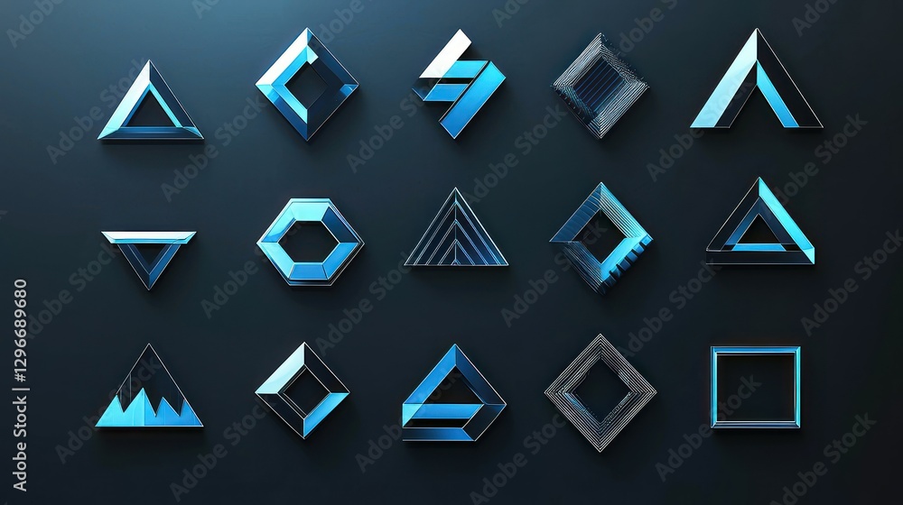 Poster a bold and stylish set of icons, featuring sharp angles and a high-tech feel for corporate use