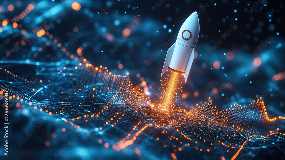 Poster new project and startup concept with rocket flying up with dotted trajectory above light growth grap