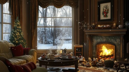 A cozy Easter morning indoors, sipping hot chocolate near a fireplace, with