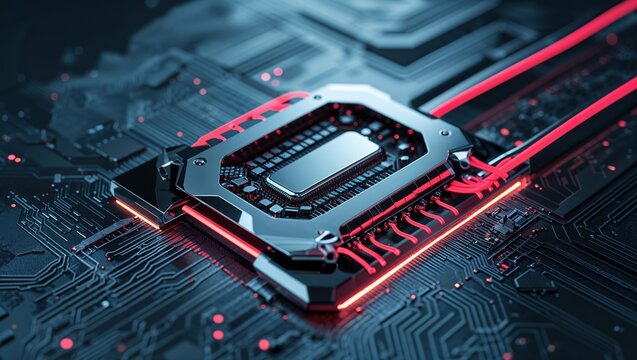 A sleek circuit board features glowing red lines and cutting-edge hardware components. The tech encapsulates a futuristic vision, ideal for sci-fi enthusiasts and innovations