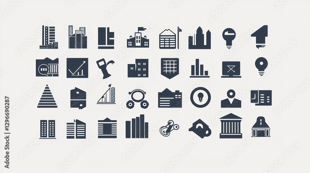 Poster A bold collection of solid business icons, featuring sharp and defined shapes for maximum impact.
