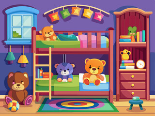 Cozy Children's Bedroom with Bunk Beds and Teddy Bears Under Starry Night Sky