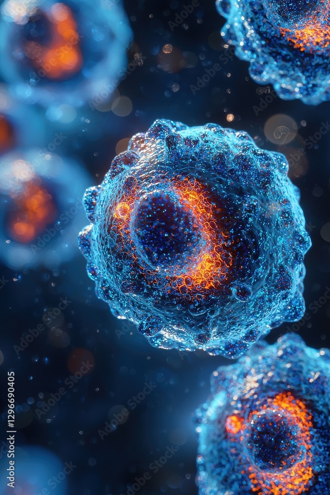 Wall mural close-up of illuminated colorful biological cells under the microscope