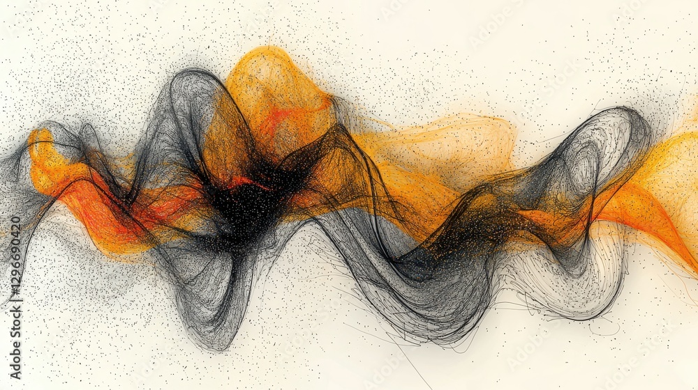 Poster abstract art displaying dynamic lines of black, orange, and gray weaving through a light background,