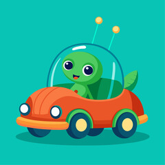 Cute Cartoon Green Alien Driving Orange Toy Car in Playful Children's Illustration