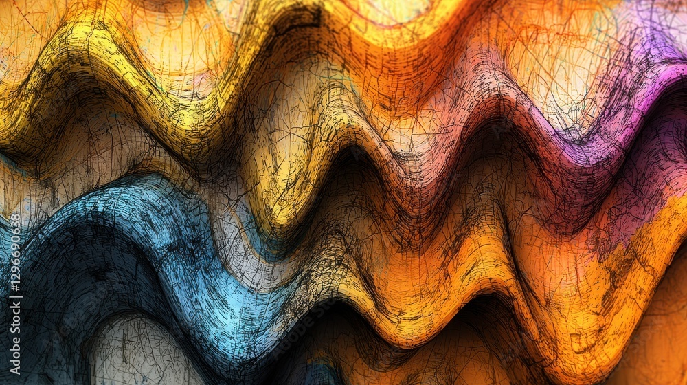 Poster colorful undulating patterns creating a vibrant abstract design in warm and cool hues