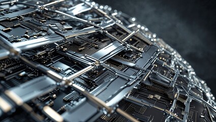 A detailed futuristic landscape showcases complex circuit patterns and metallic textures, creating a captivating technological world marked by an enigmatic dark atmosphere