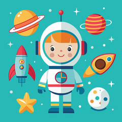Cute Cartoon Astronaut with Colorful Planets and Retro Rocket in Vibrant Space Scene