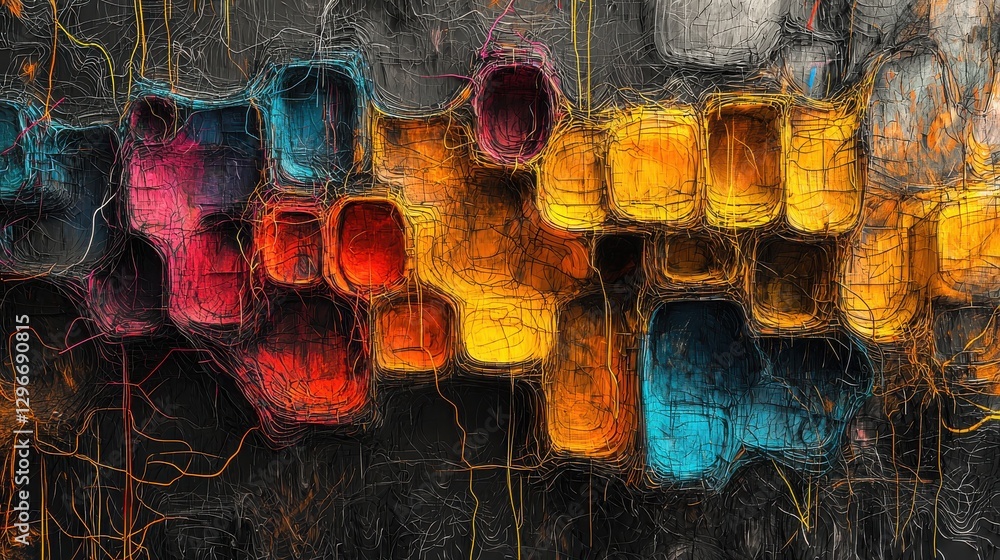Poster abstract composition displays vibrant colors and intricate patterns in a dynamic arrangement, creati