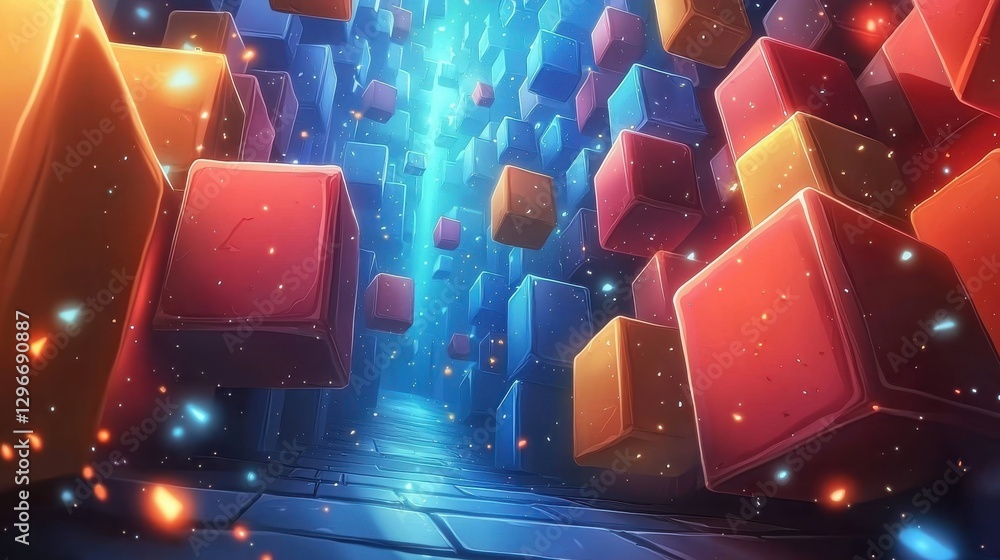Poster colorful floating blocks create an enchanting atmosphere in a digital maze with shimmering light bea