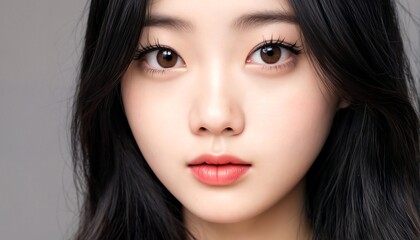 Fototapeta premium A close-up portrait of an Asian woman with long black hair and brown eyes.
