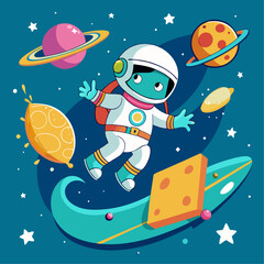 Cute Cartoon Astronaut Surfing on Rocket in Colorful Space Adventure