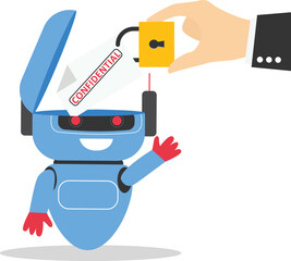 Open robot head to see confidential document. Locked with padlock technology. AI assistant support. Modern flat vector illustration


