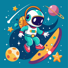 Cute Cartoon Astronaut Surfing on Rocket in Colorful Space Adventure