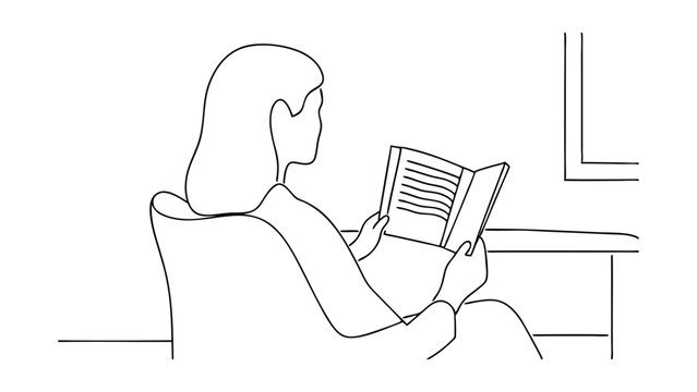 recommend clip art: A minimalist line drawing depicts a woman seated in a chair, engrossed in reading a book placed on a desk. Simple lines create the scene, focusing on the act of reading.
