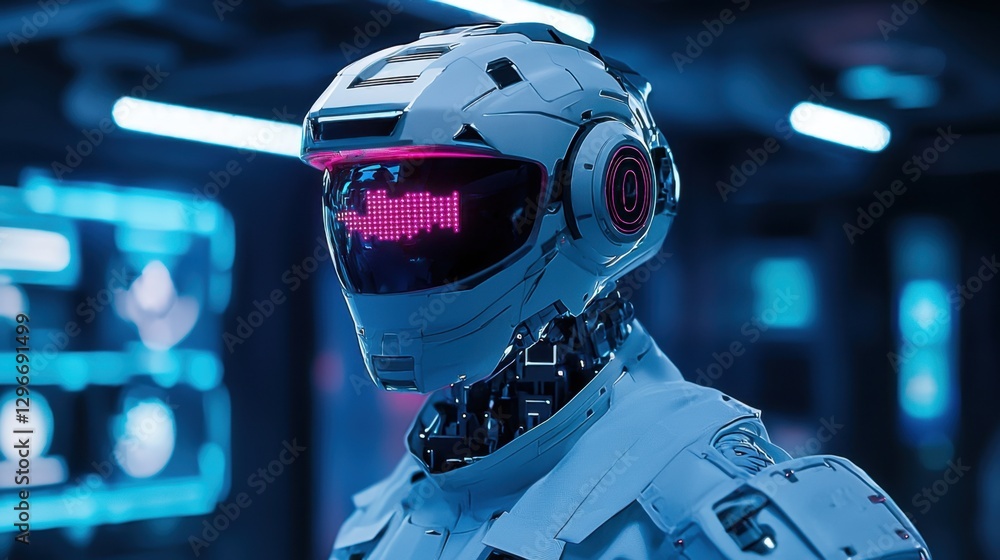 Poster futuristic robot with neon bright visor in high-tech environment, showcasing advanced technology and