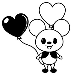 Fototapeta premium Cute Cartoon Mouse with Heart and Flower Balloons in Kawaii Black and White Line Art