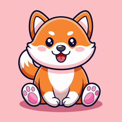  Cute Cartoon Fox in Kawaii Style with Big Eyes and Fluffy Tail on Pink Background