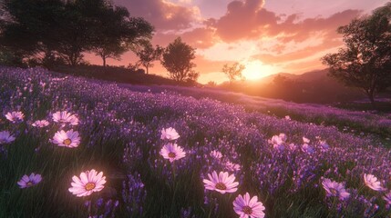 Obraz premium Lavender and Daisy Field at Sunset Nature Landscape Floral Meadow