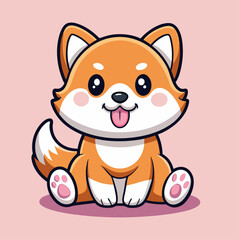  Cute Cartoon Fox in Kawaii Style with Big Eyes and Fluffy Tail on Pink Background