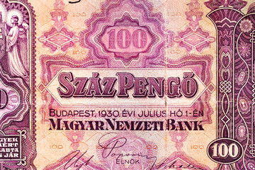 Fototapeta premium Vintage elements of old paper banknotes.Bonistics.Hungarian banknote at 100 pengos, 1930 year.Fragment banknote for design purpose.