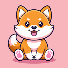  Cute Cartoon Fox in Kawaii Style with Big Eyes and Fluffy Tail on Pink Background
