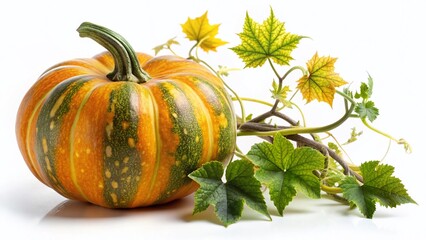 Mystic Autumn Zucchini Pumpkin Vine, Isolated White Background Stock Photo